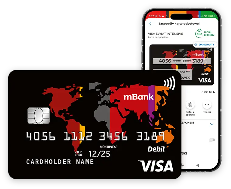 Debetowa karta wielowalutowa do mkonta intensive i aplikacja mobilna mbanku