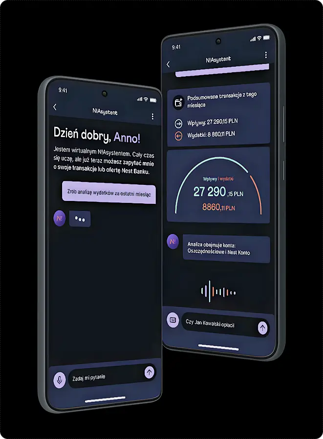 Smartfon z przykładową rozmową z N!Asystentem Nest Banku