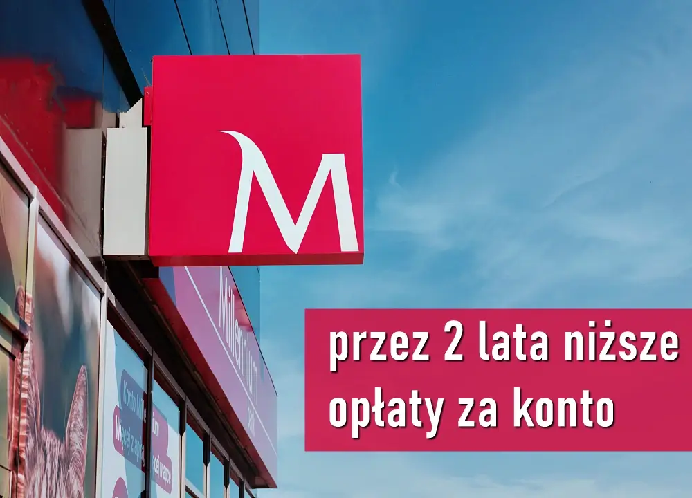 Logo Millennium na tle nieba z informacją o promocji obniżającej opłaty na dwa lata