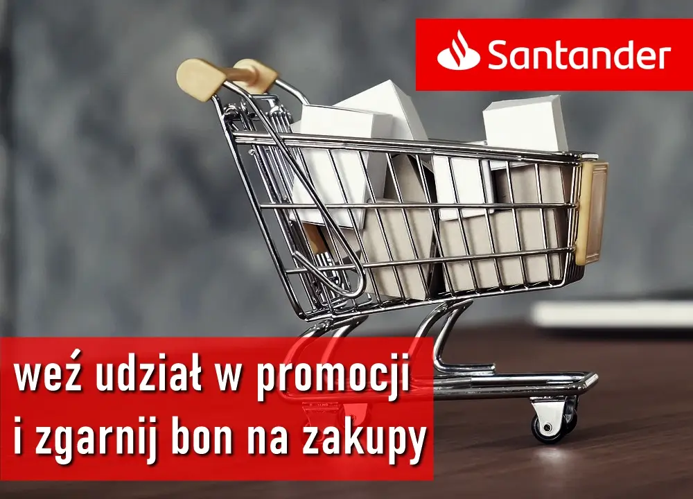 Wózek sklepowy z informacją o promocji firmowej Santandera