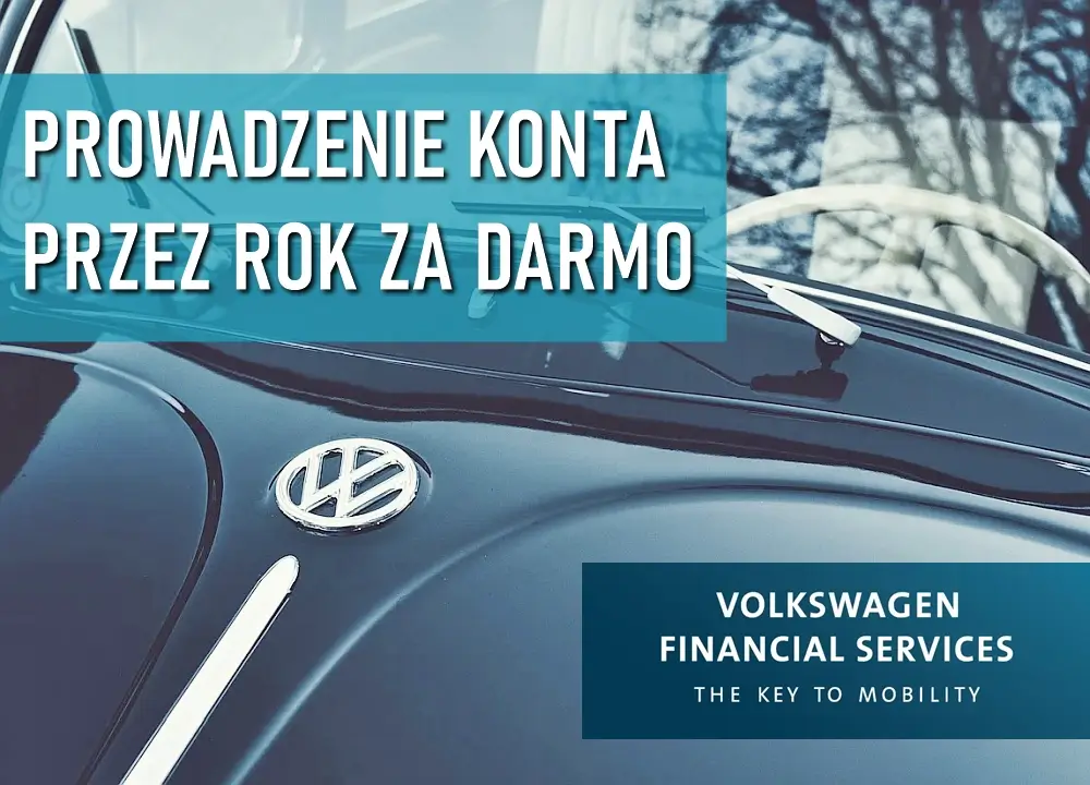 Przód auta Volkswagen oraz informacja o promocji konta